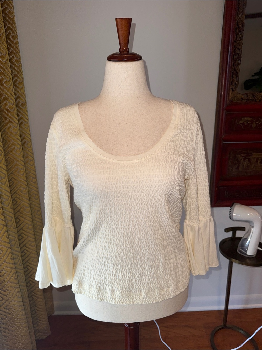 Anthropologie Cream Scoop Neck Textured Bell Sleeve Sweater